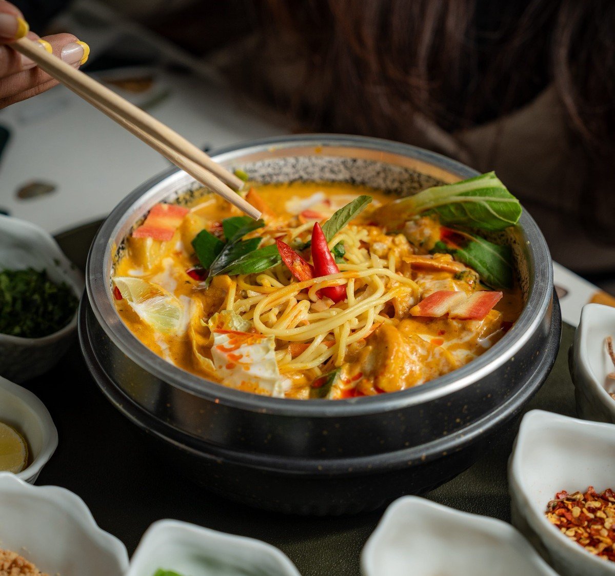 Close-up of golden noodles